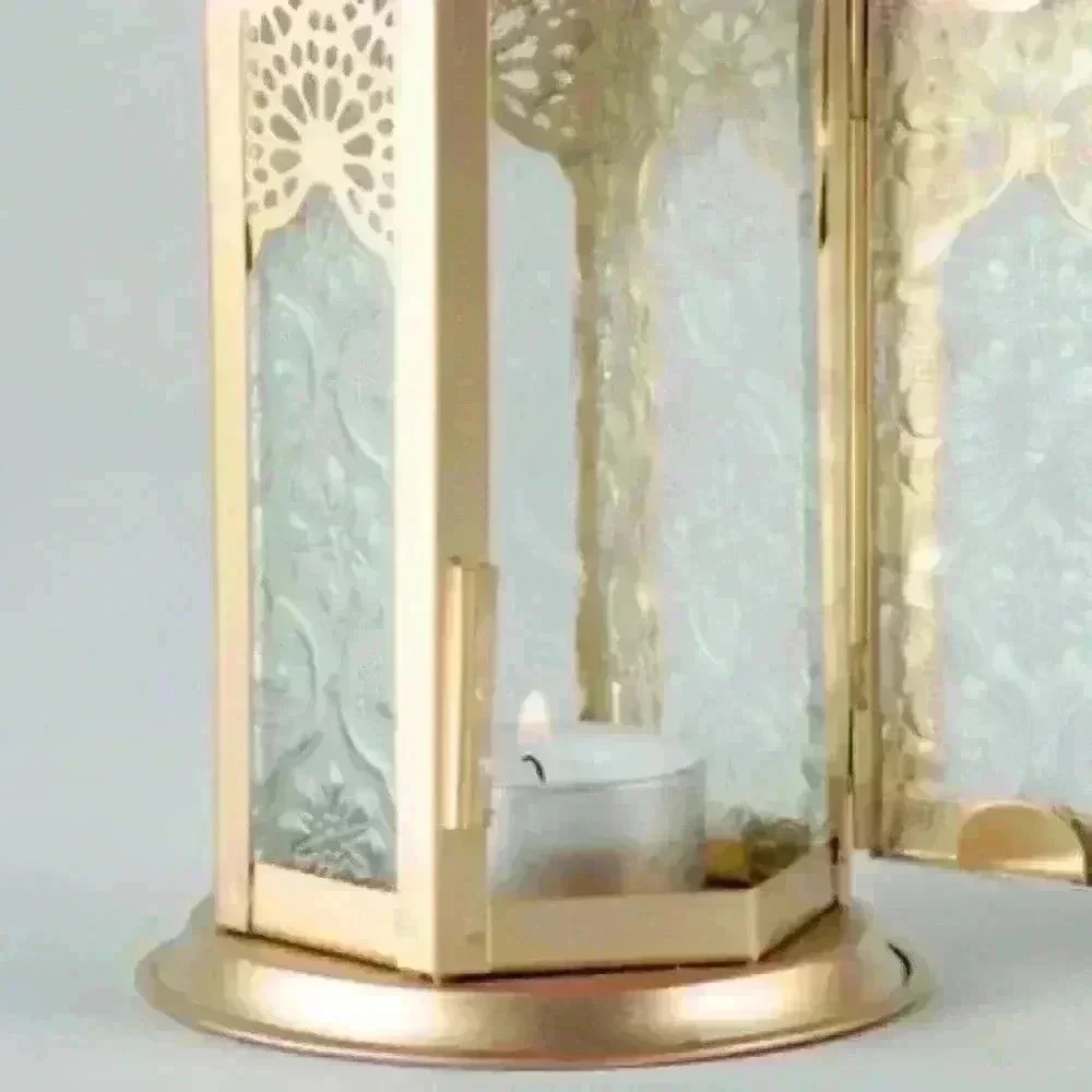 Handmade Medium Metal and Etched Glass Tea Light Hanging Lantern in Classic Gold